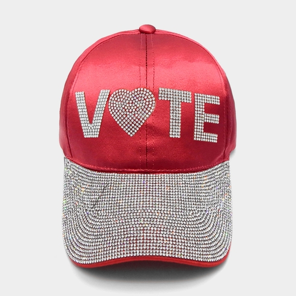 Red VOTE Rhinestone Crystal Brim Baseball Cap Statement Hat Bling - Picture 1 of 3